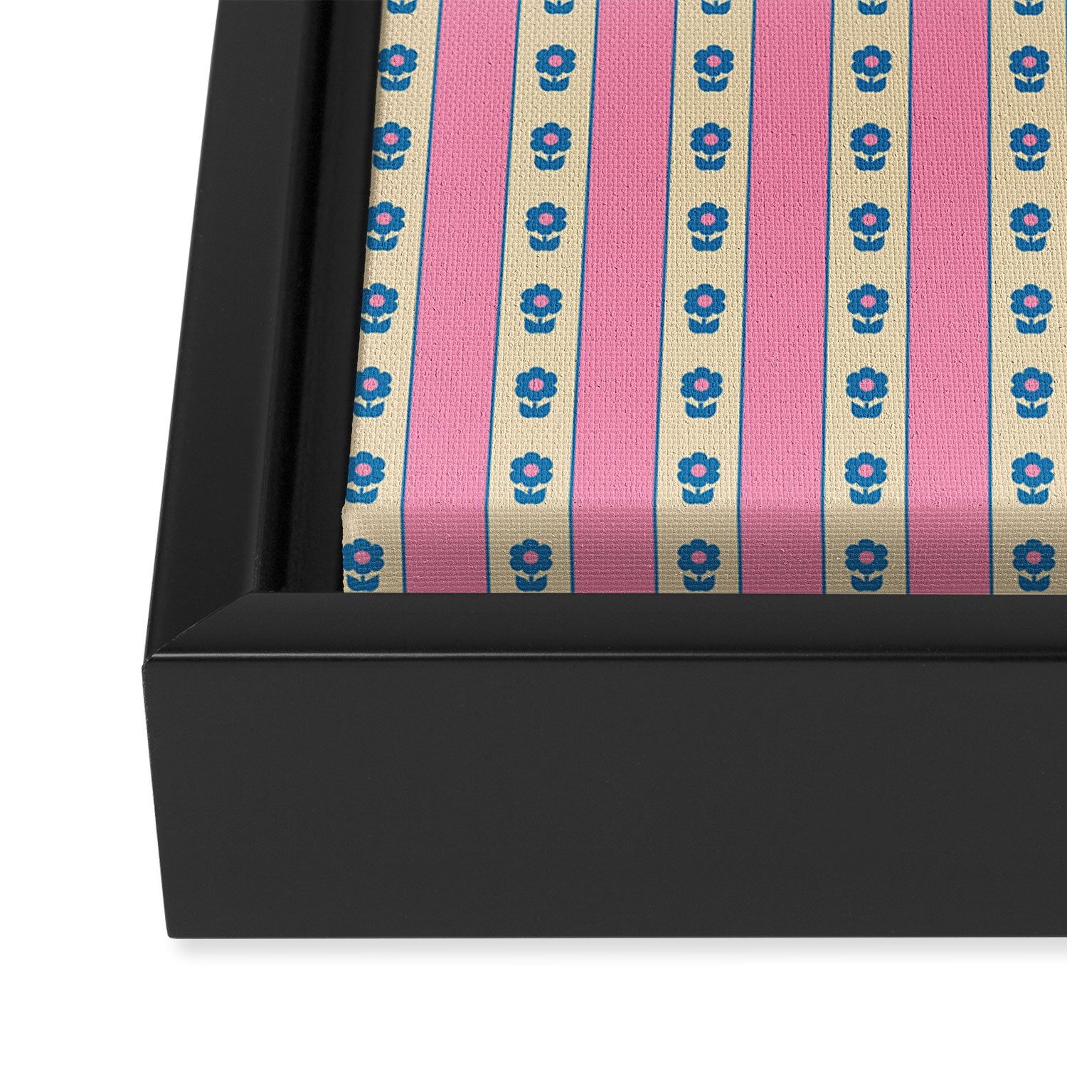 Cottage Stripes and Flowers Pattern in Pink, Blue, and Cream Beige Framed Canvas Print Gallery Image 3