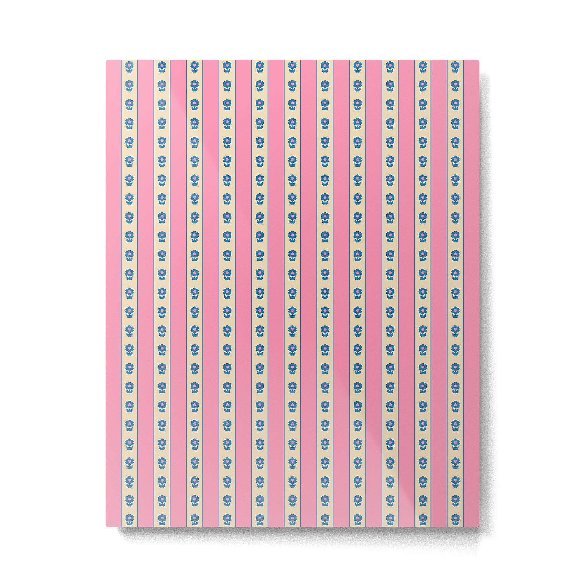 Cottage Stripes and Flowers Pattern in Pink, Blue, and Cream Beige Metal Print Gallery Image 4