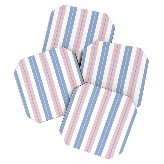 Cottage Stripes Double Stripe Pattern in Pastel Blue Pink White Coaster Gallery Image 1