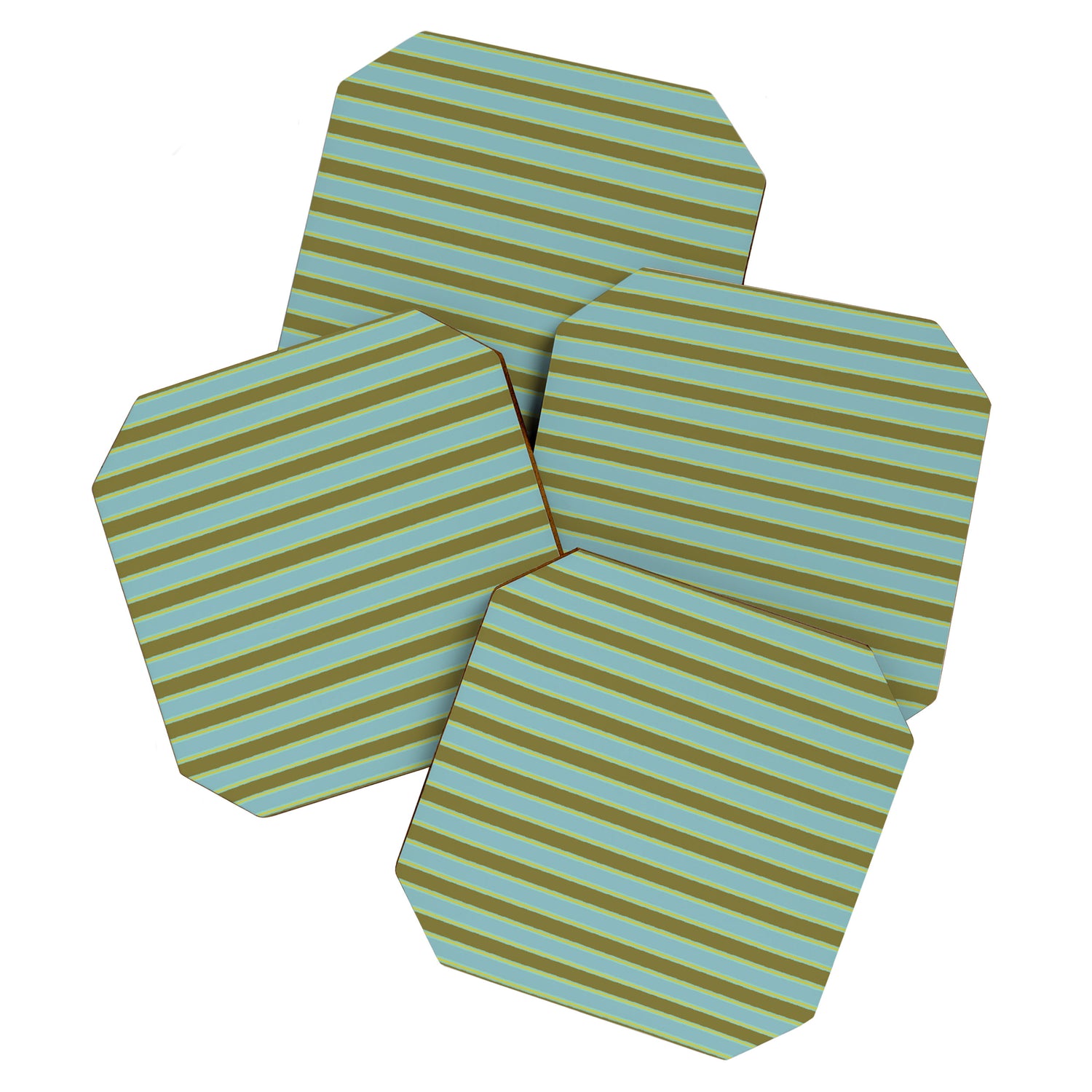 Cottage Stripes Pattern in Olive Green Arctic Blue and Chartreuse Coaster Gallery Image 1