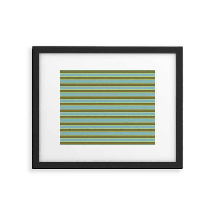 Cottage Stripes Pattern in Olive Green Arctic Blue and Chartreuse Framed Art Print Gallery Image 1