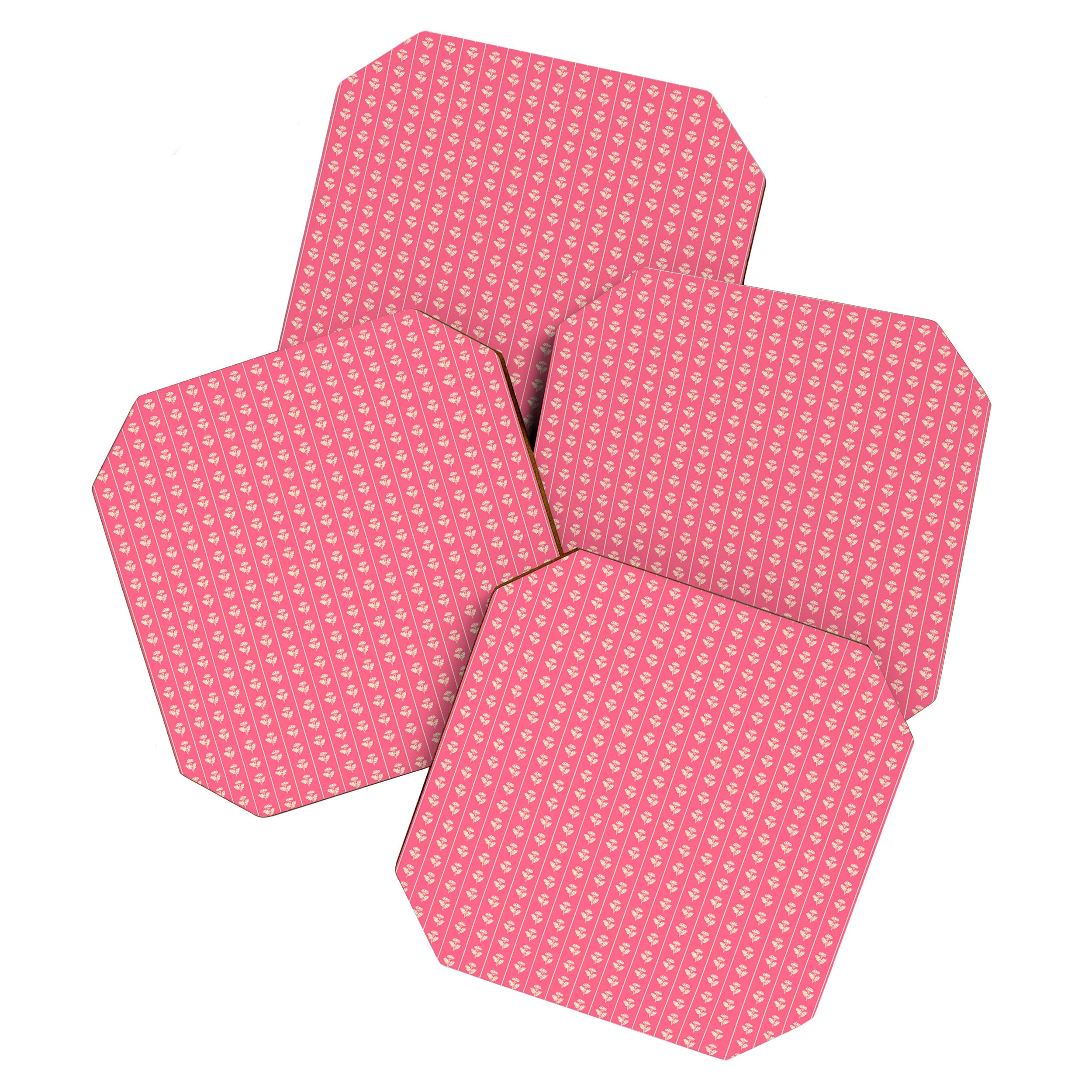 Cozy Vintage Cottage Flowers and Stripes Pattern in Pink Punch and Cream Coaster Gallery Image 1