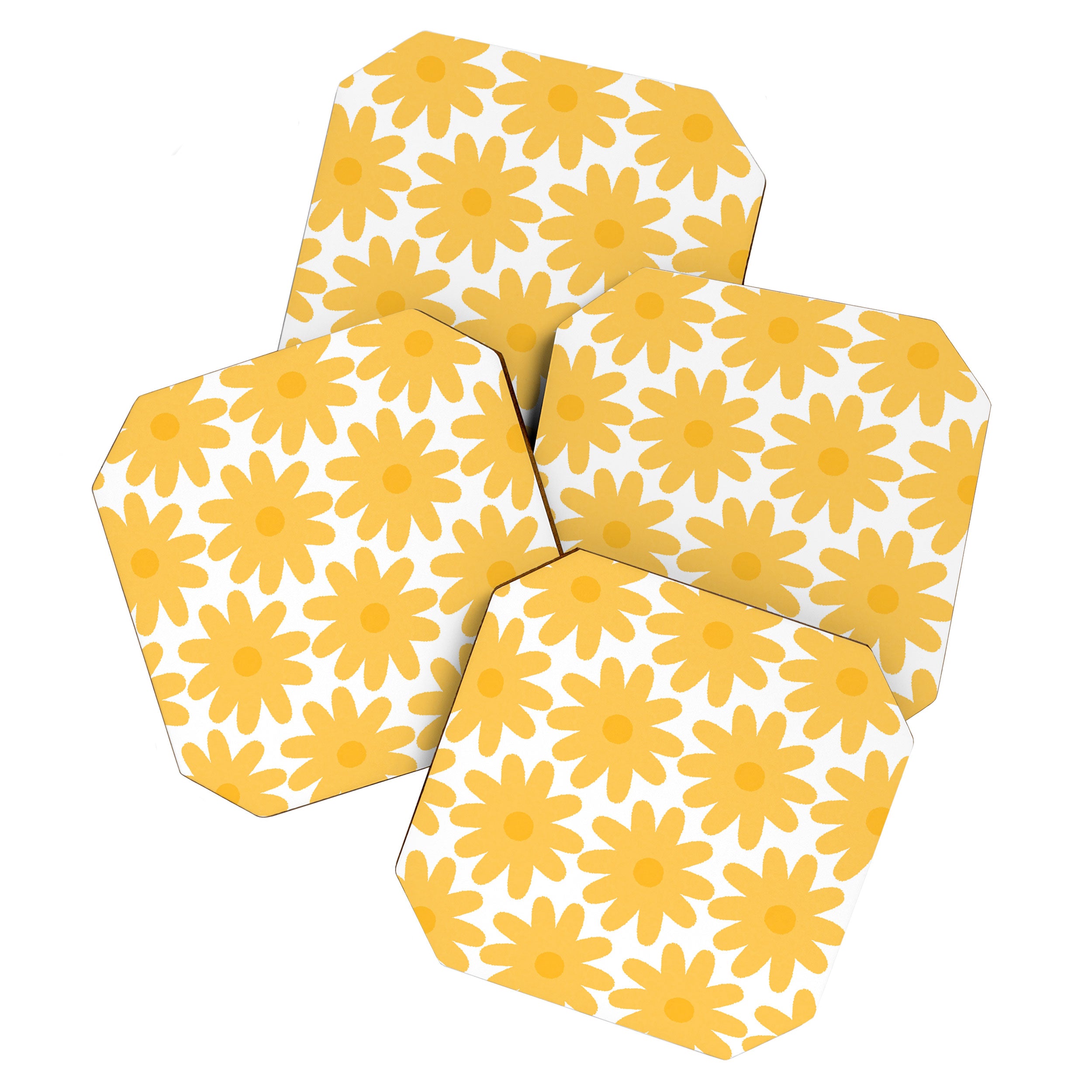Crayon Flowers Cheerful Floral Pattern in Mustard Yellow and White Coaster Gallery Image 1