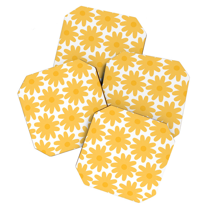 Crayon Flowers Cheerful Floral Pattern in Mustard Yellow and White Coaster Gallery Image 1
