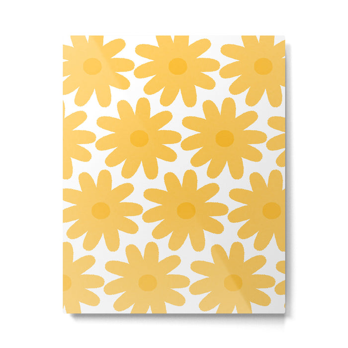 Crayon Flowers Cheerful Floral Pattern in Mustard Yellow and White Metal Print Gallery Image 1
