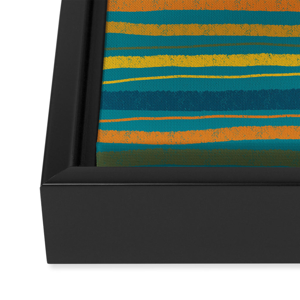 Crayon Stripes in Moroccan Teal Blue, Orange, Ochre, Green, Yellow Framed Canvas Print Gallery Image 3
