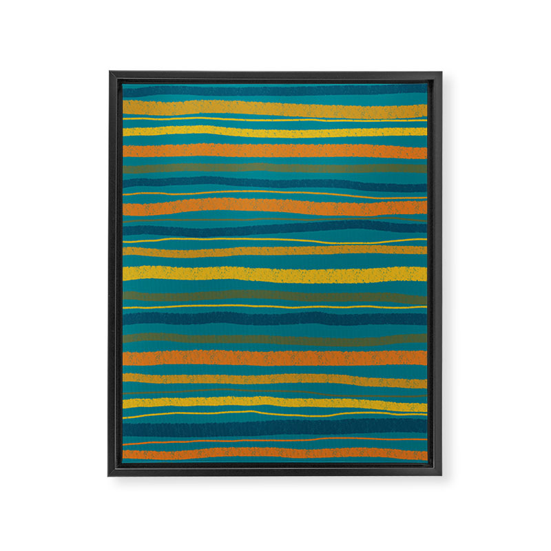 Crayon Stripes in Moroccan Teal Blue, Orange, Ochre, Green, Yellow Framed Canvas Print Gallery Image 8