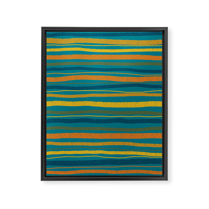 Crayon Stripes in Moroccan Teal Blue, Orange, Ochre, Green, Yellow Framed Canvas Print Gallery Image 1