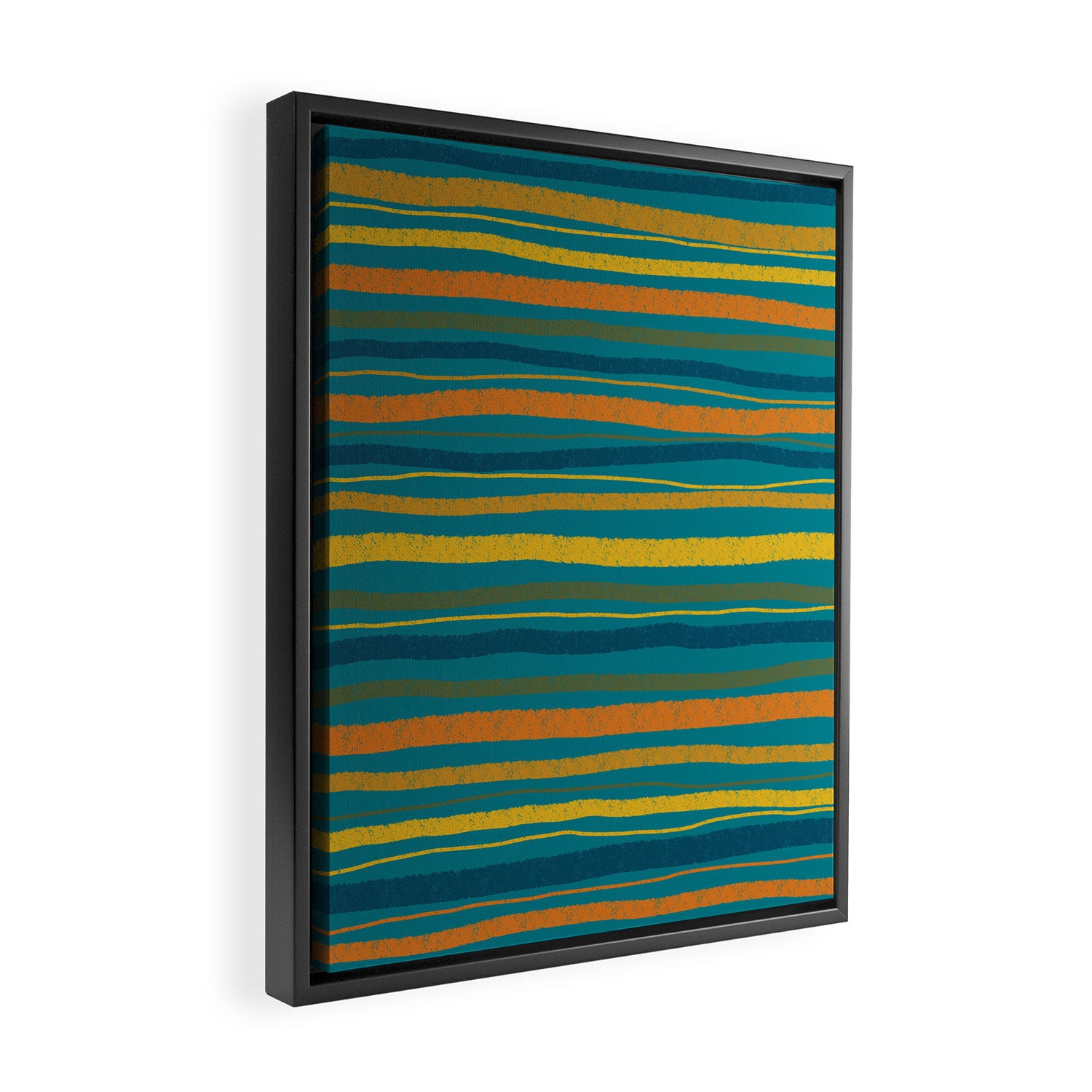 Crayon Stripes in Moroccan Teal Blue, Orange, Ochre, Green, Yellow Framed Canvas Print Gallery Image 2
