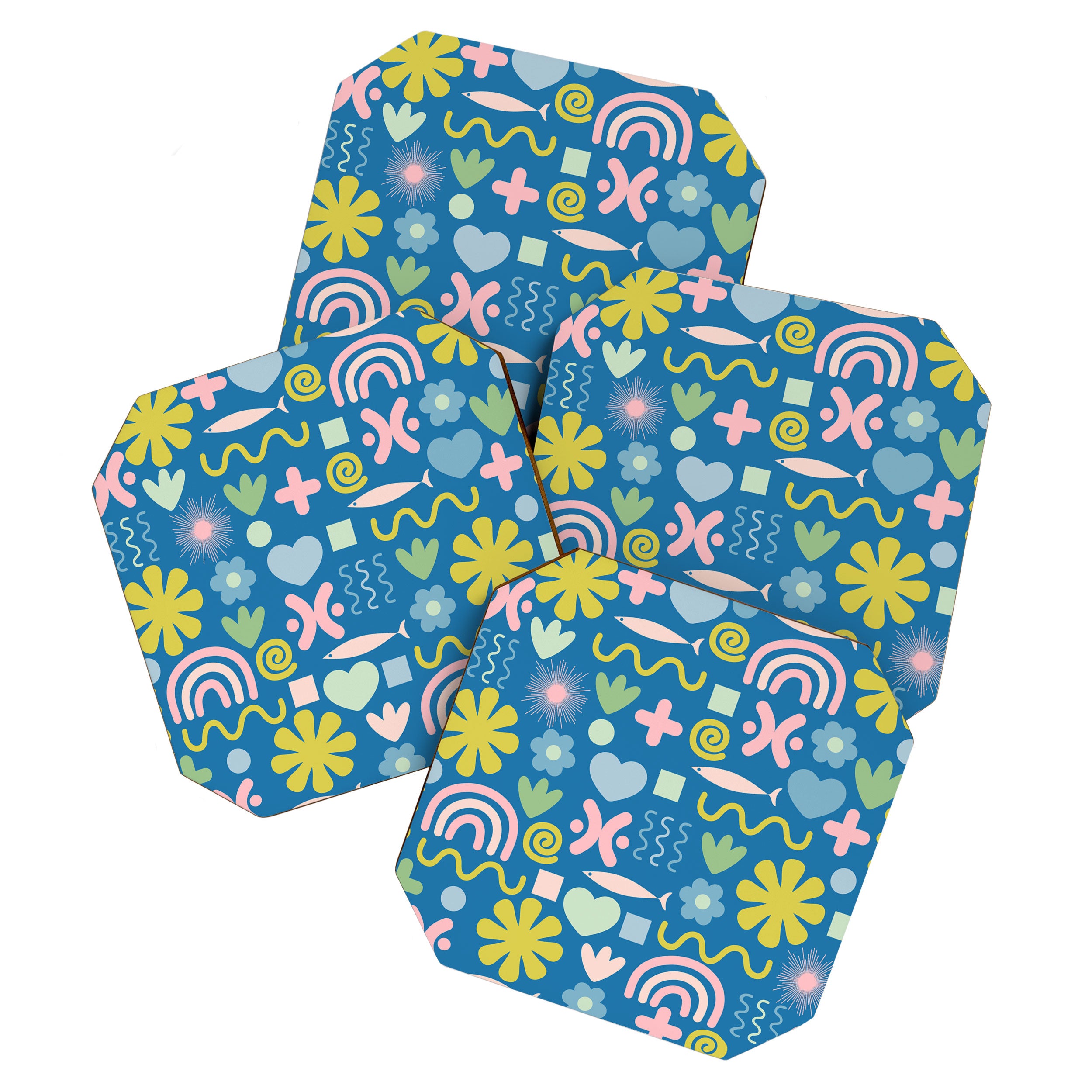 Cute Miscellany Cheerful Whimsical Pattern Blue Pink Chartreuse Coaster Gallery Image 1