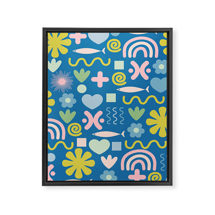 Cute Miscellany Cheerful Whimsical Pattern Blue Pink Chartreuse Framed Canvas Print Gallery Image 1