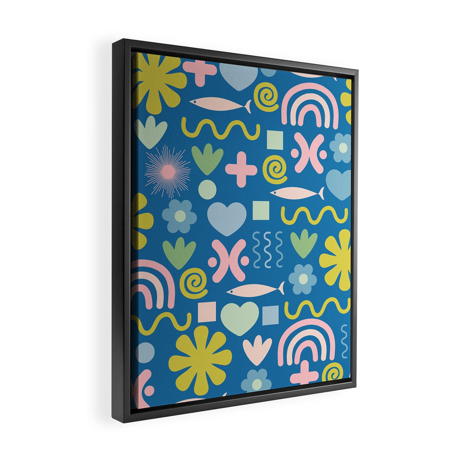 Cute Miscellany Cheerful Whimsical Pattern Blue Pink Chartreuse Framed Canvas Print Gallery Image 2