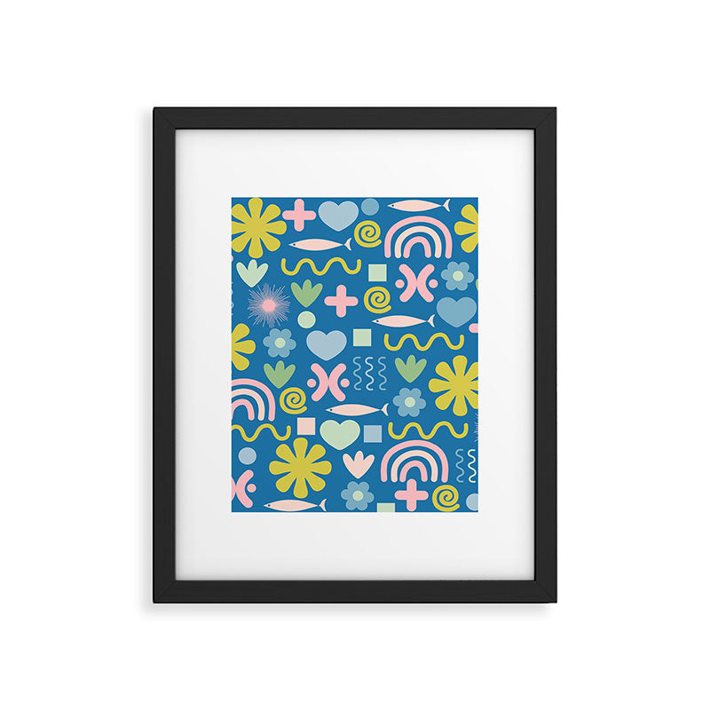 Cute Miscellany Cheerful Whimsical Pattern Blue Pink Chartreuse Framed Art Print Gallery Image 6