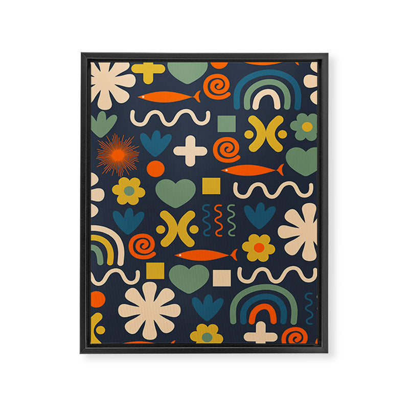 Cute Miscellany Rainbow Floral Pattern Blue Orange Green Mustard Framed Canvas Print Gallery Image 8