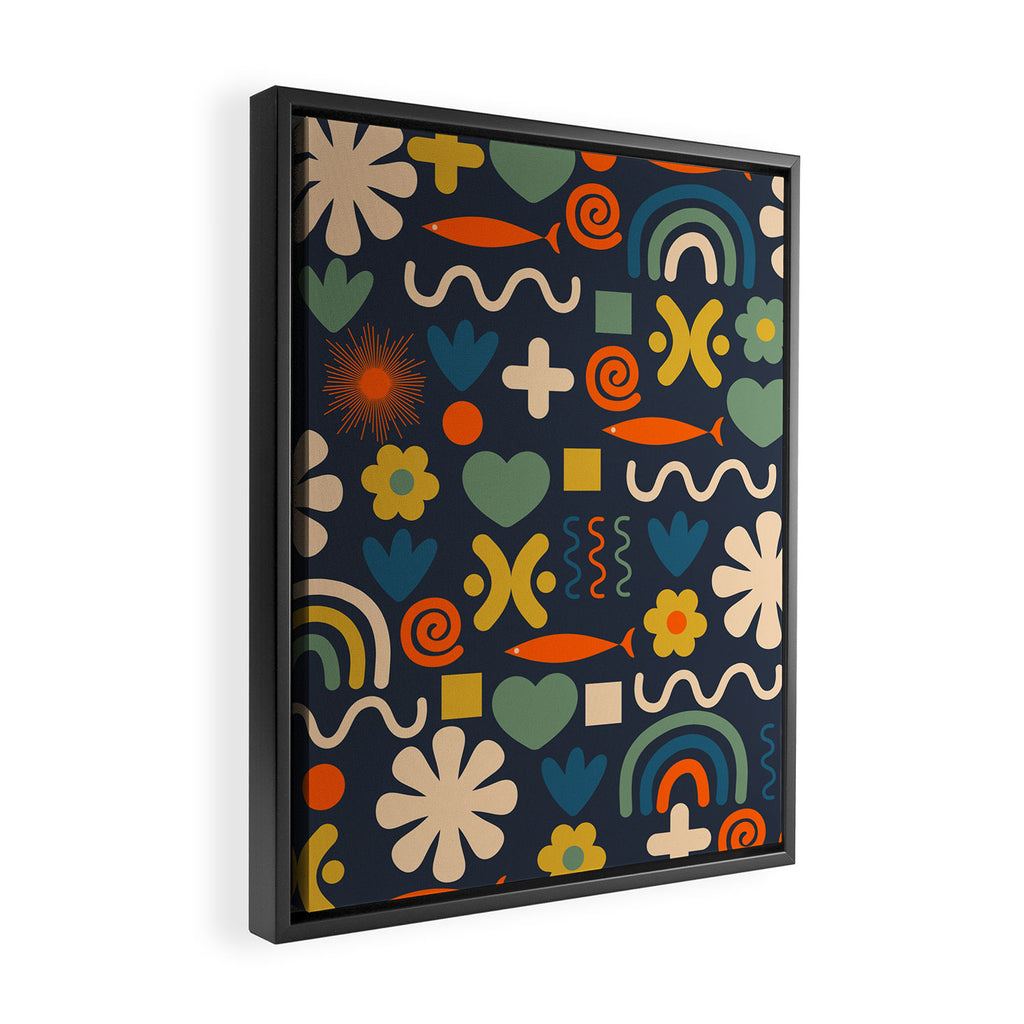 Cute Miscellany Rainbow Floral Pattern Blue Orange Green Mustard Framed Canvas Print Gallery Image 2