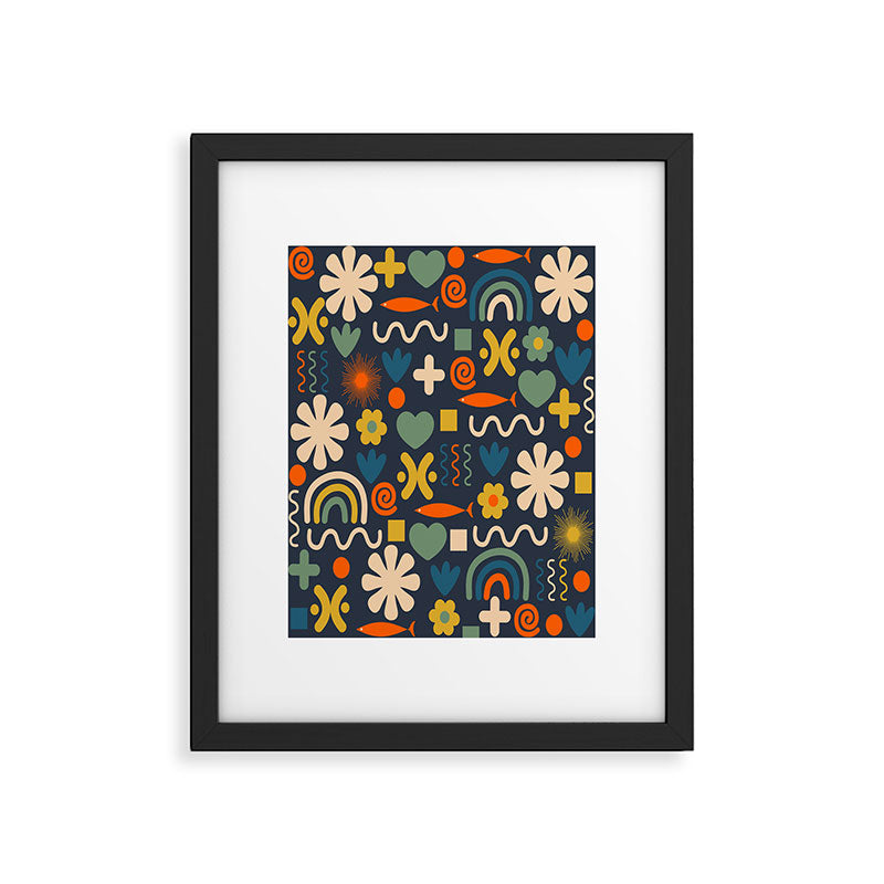 Cute Miscellany Rainbow Floral Pattern Blue Orange Green Mustard Framed Art Print Gallery Image 4