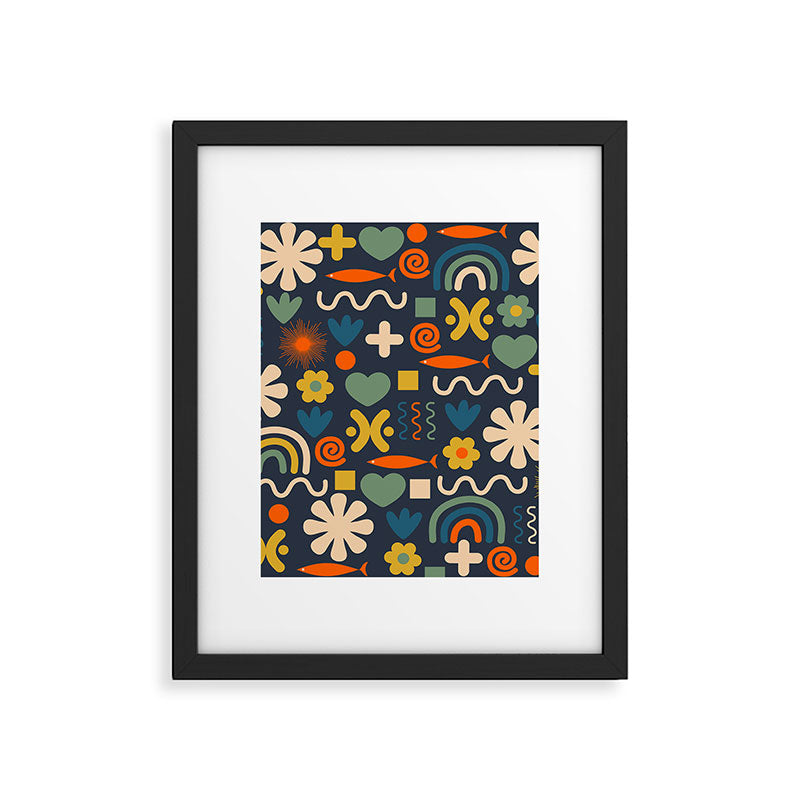 Cute Miscellany Rainbow Floral Pattern Blue Orange Green Mustard Framed Art Print Gallery Image 6