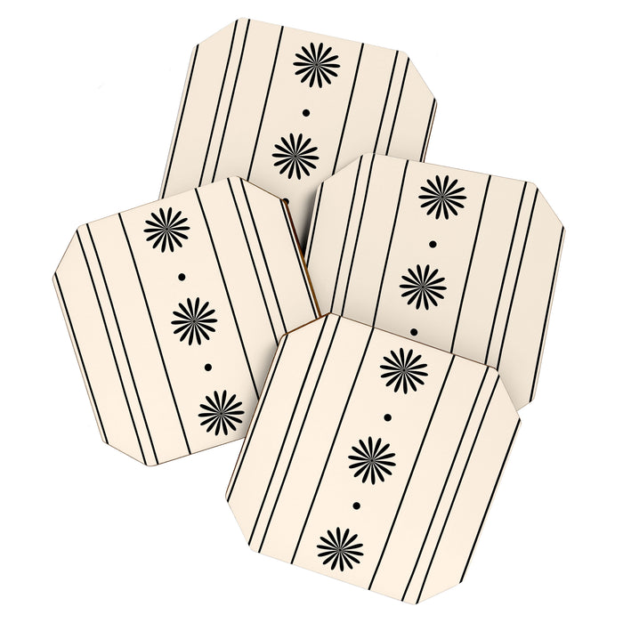 Daisy Stripes Minimalist Geometric Flowers and Stripes Pattern in Black and Almond Cream Coaster Gallery Image 1