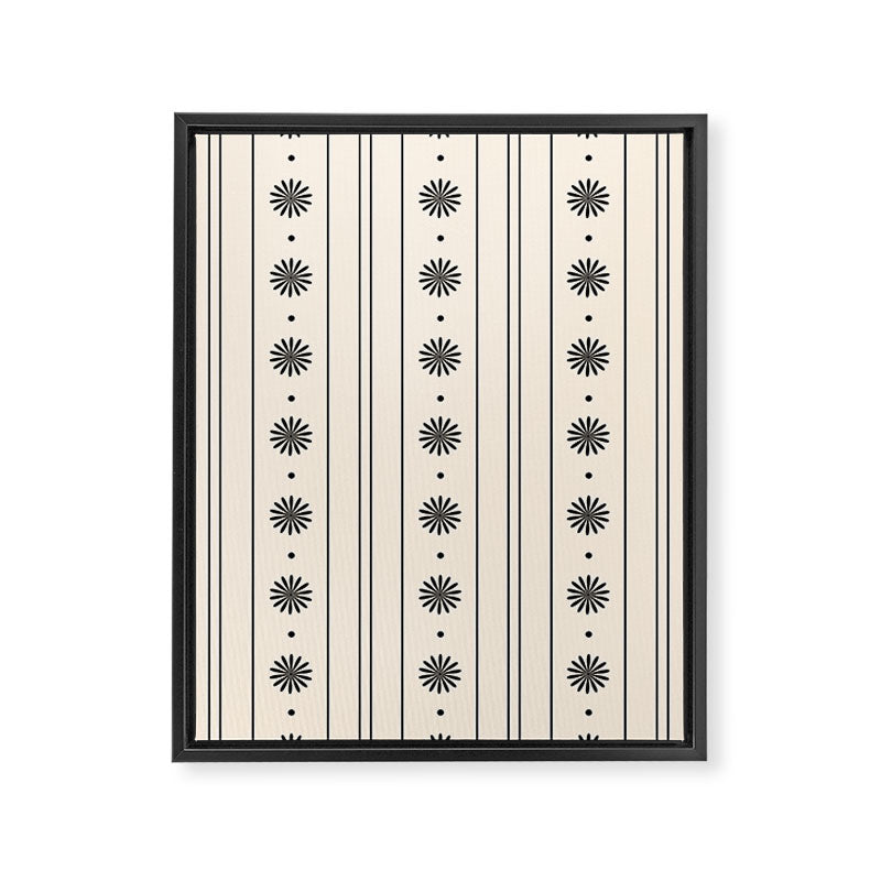 Daisy Stripes Minimalist Geometric Flowers and Stripes Pattern in Black and Almond Cream Framed Canvas Print Gallery Image 8