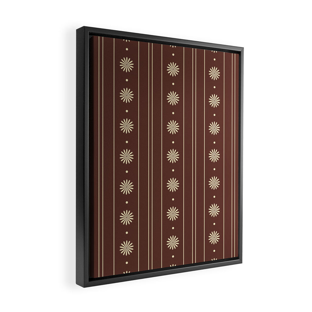 Daisy Stripes Vintage Contemporary Pattern in Brown and Cream Framed Canvas Print Gallery Image 2