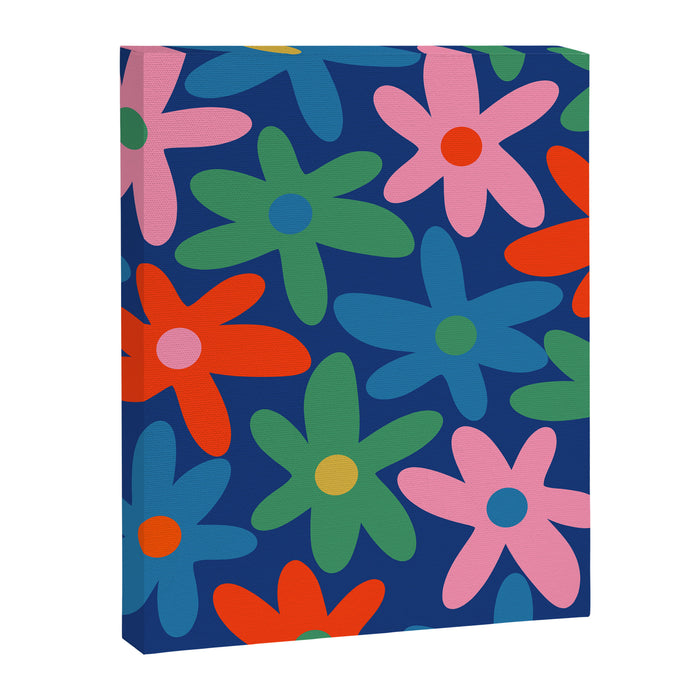 Daisy Time Colorful Retro Floral Pattern on Blue Canvas Print Gallery Image 1