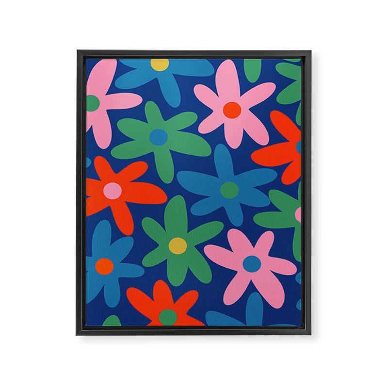 Daisy Time Colorful Retro Floral Pattern on Blue Framed Canvas Print Gallery Image 8
