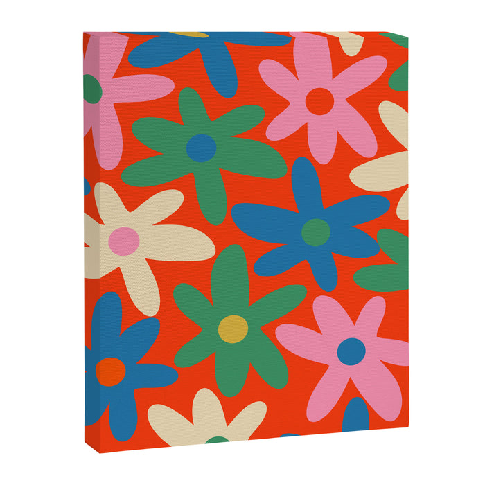 Daisy Time Colorful Retro Floral Pattern on Red Canvas Print Gallery Image 1