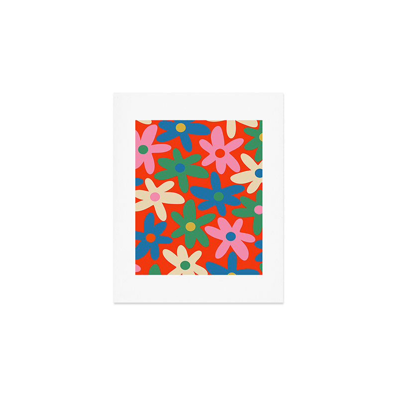 Daisy Time Colorful Retro Floral Pattern on Red Art Print Gallery Image 1
