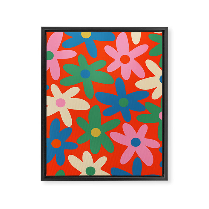 Daisy Time Colorful Retro Floral Pattern on Red Framed Canvas Print Gallery Image 1