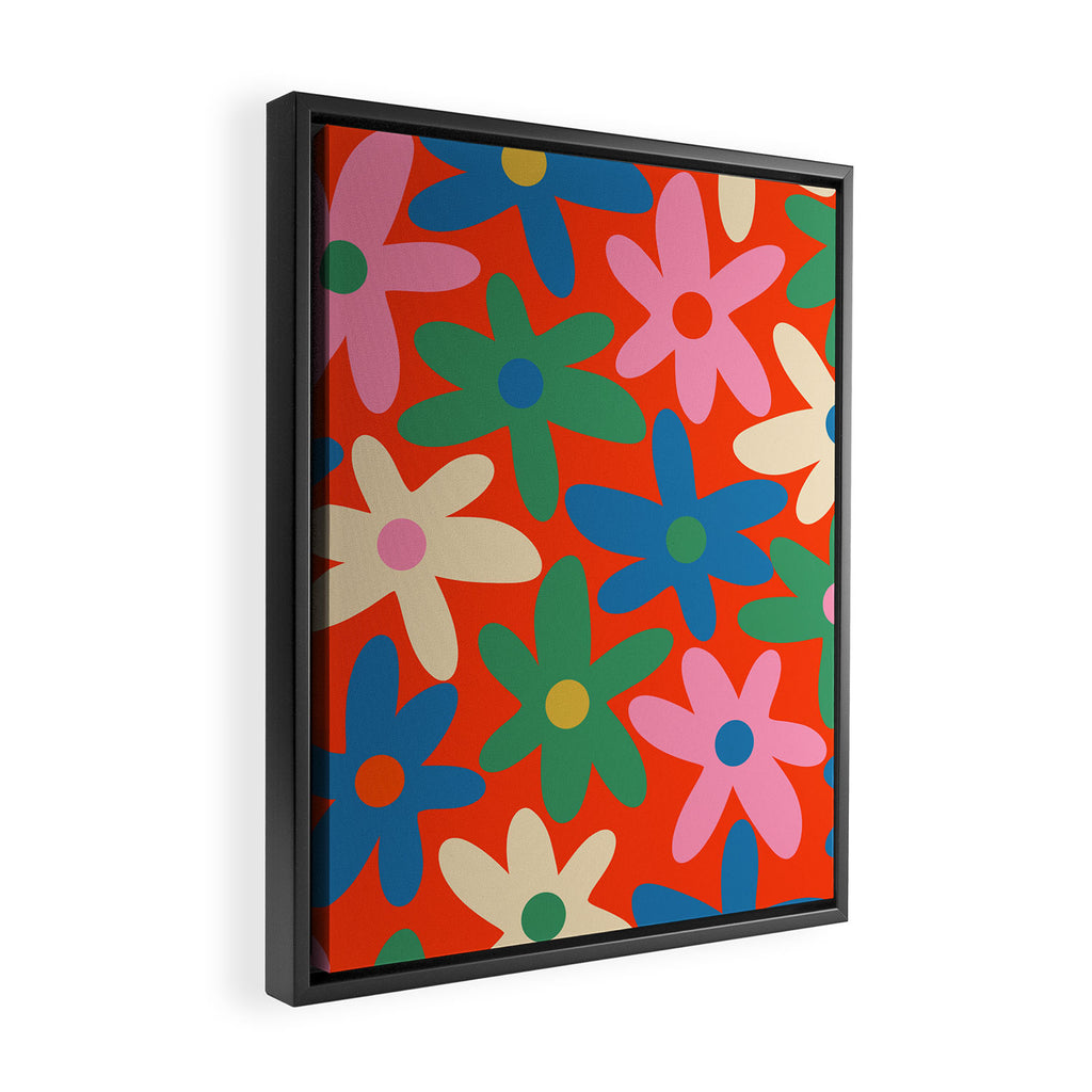 Daisy Time Colorful Retro Floral Pattern on Red Framed Canvas Print Gallery Image 2