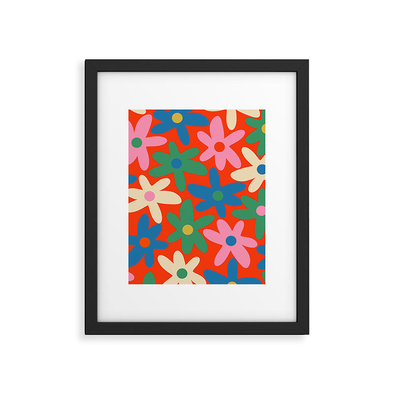 Daisy Time Colorful Retro Floral Pattern on Red Framed Art Print Gallery Image 6