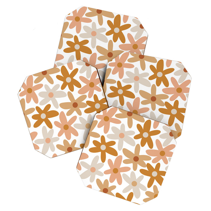 Daisy Time Floral Pattern Blush Ochre Putty on White Coaster Gallery Image 1