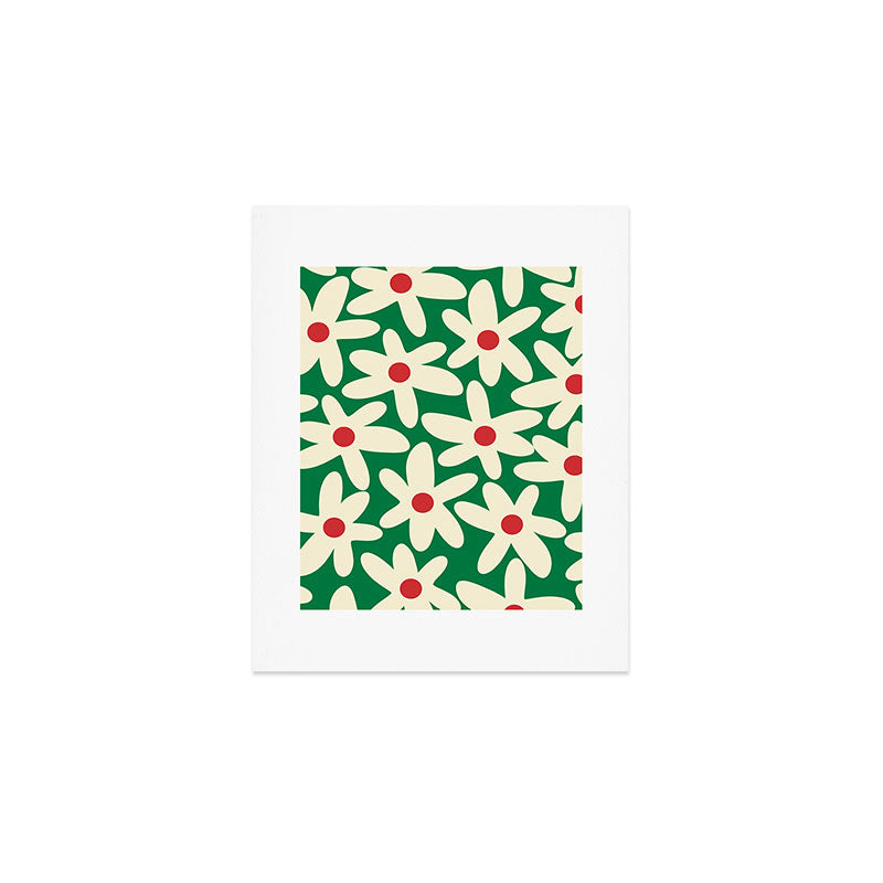 Daisy Time Floral Pattern in Christmas Holiday Red, Green, and Cream Art Print Gallery Image 1