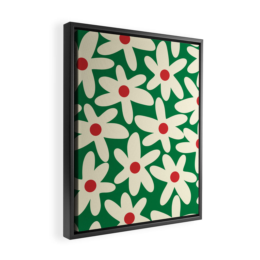 Daisy Time Floral Pattern in Christmas Holiday Red, Green, and Cream Framed Canvas Print Gallery Image 2