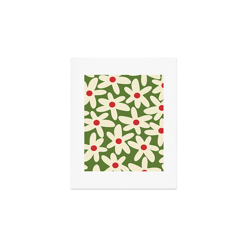 Daisy Time Floral Pattern in Christmas Holidays Red Green Cream Art Print Gallery Image 1