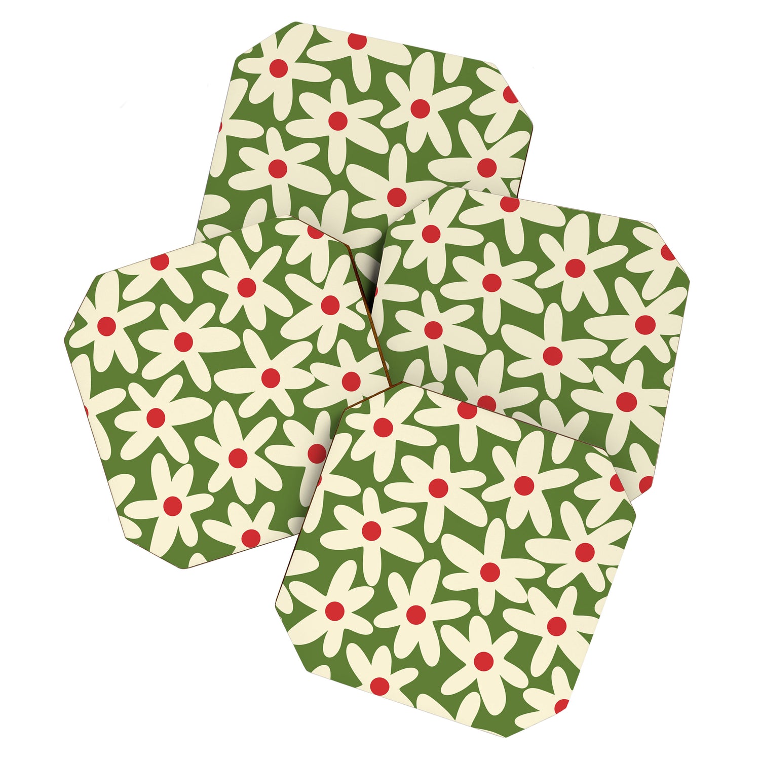 Daisy Time Floral Pattern in Christmas Holidays Red Green Cream Coaster Gallery Image 1