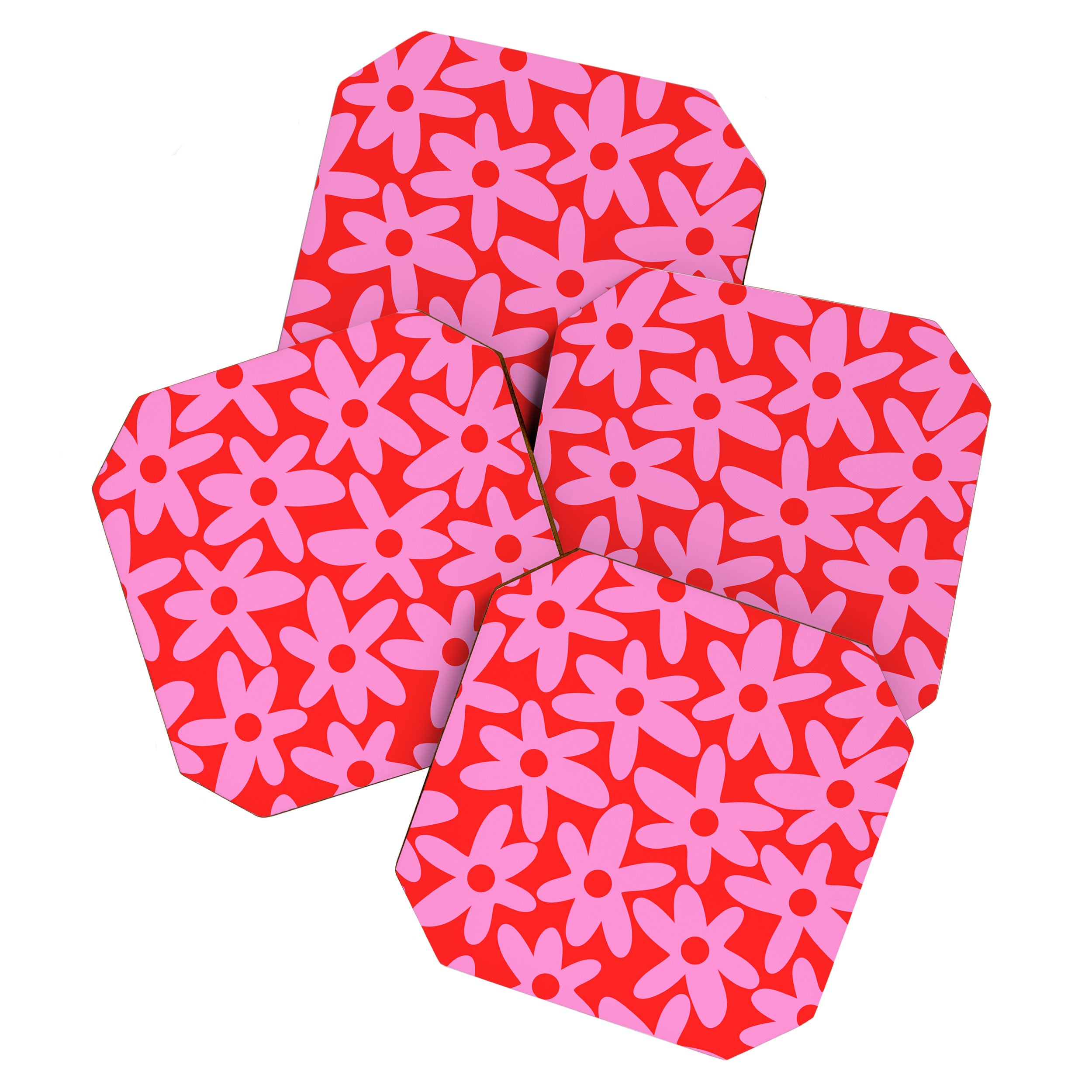 Daisy Time Floral Pattern in Preppy Pink and Red Coaster Gallery Image 1