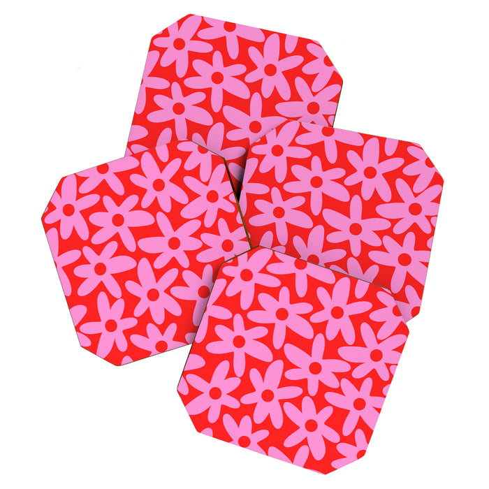 Daisy Time Floral Pattern in Preppy Pink and Red Coaster Gallery Image 1