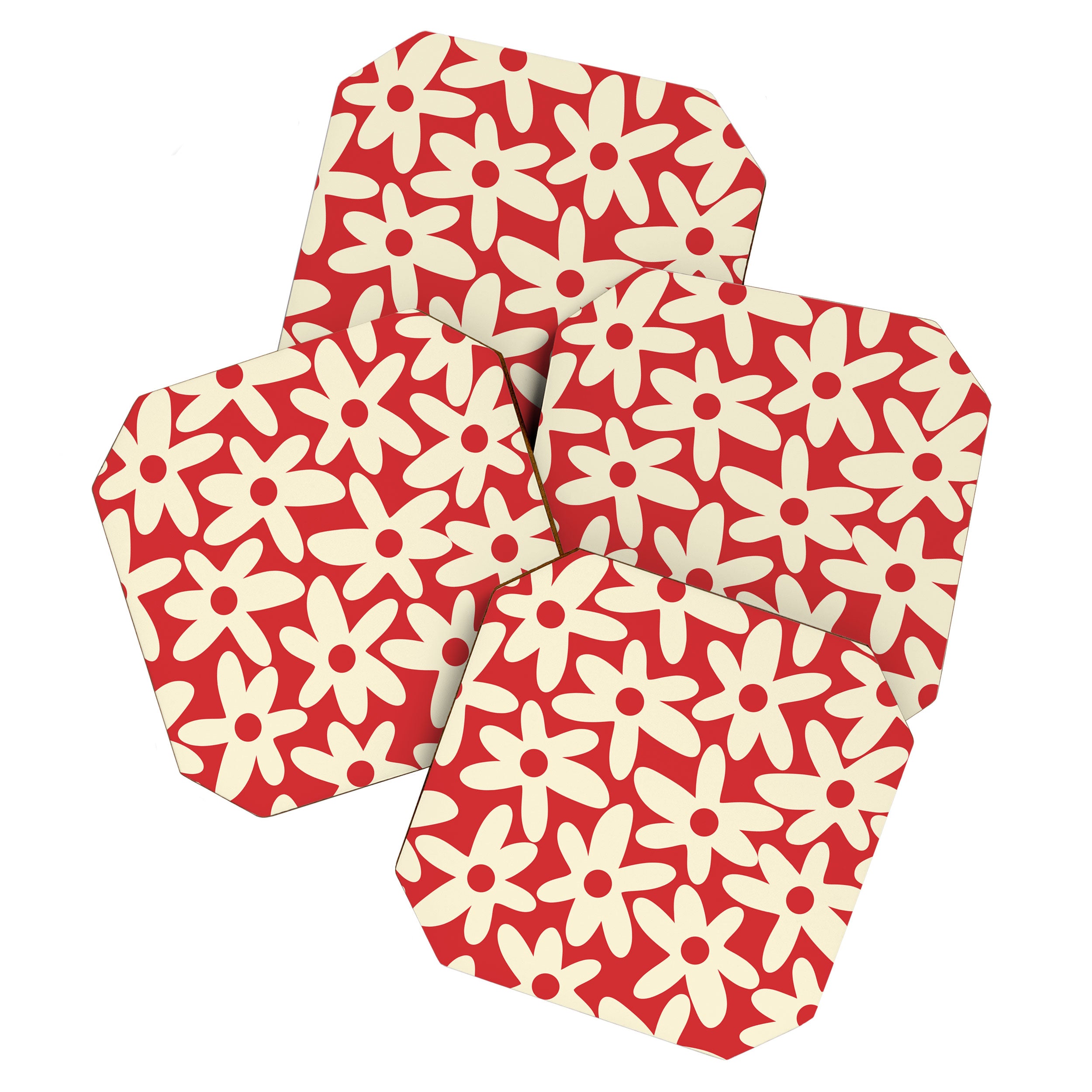 Daisy Time Floral Pattern in Retro Christmas Red and Cream Coaster Gallery Image 1