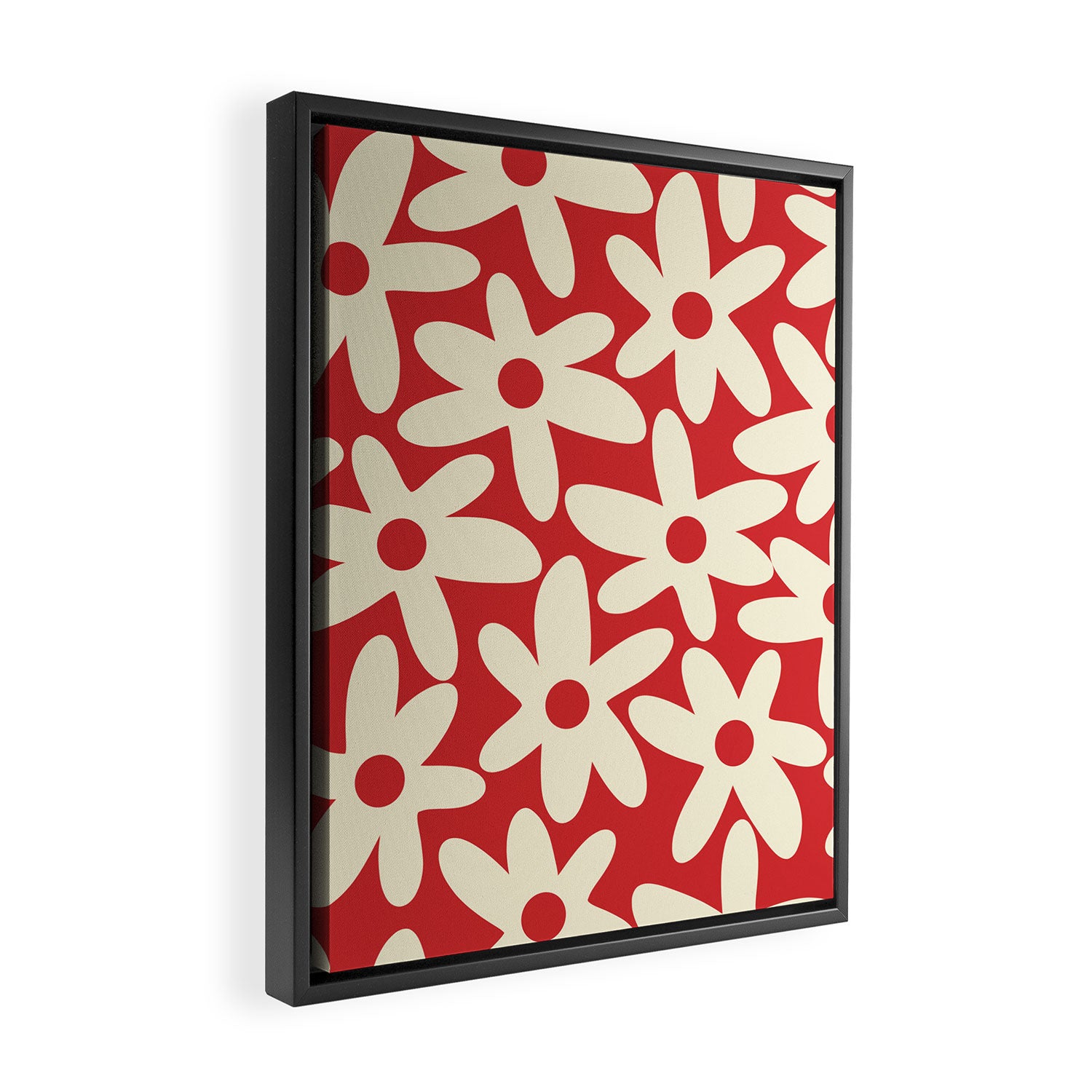 Daisy Time Floral Pattern in Retro Christmas Red and Cream Framed Canvas Print Gallery Image 2