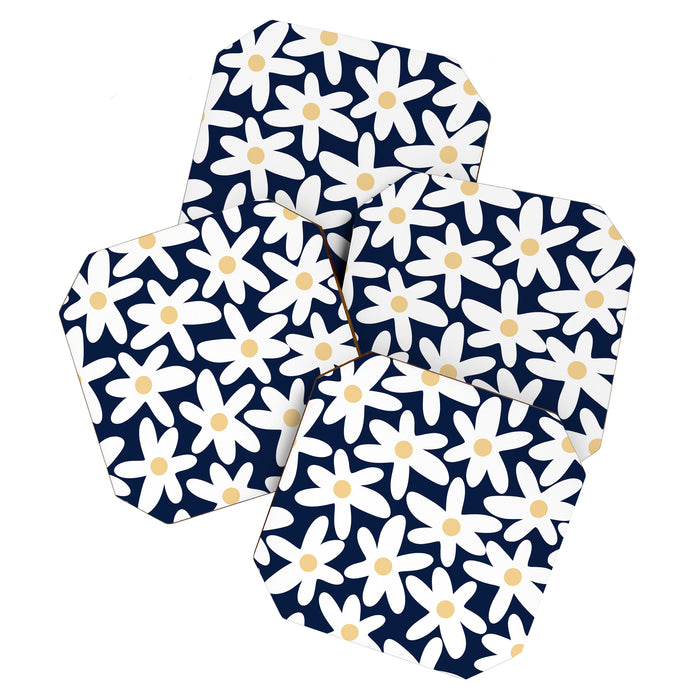 Daisy Time Floral Pattern Navy Blue White Yellow-Beige  Coaster Gallery Image 1