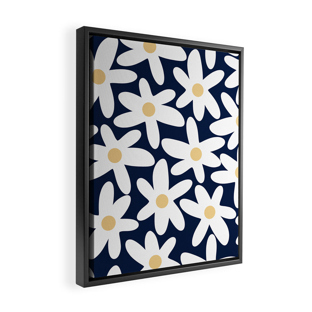 Daisy Time Floral Pattern Navy Blue White Yellow-Beige  Framed Canvas Print Gallery Image 2