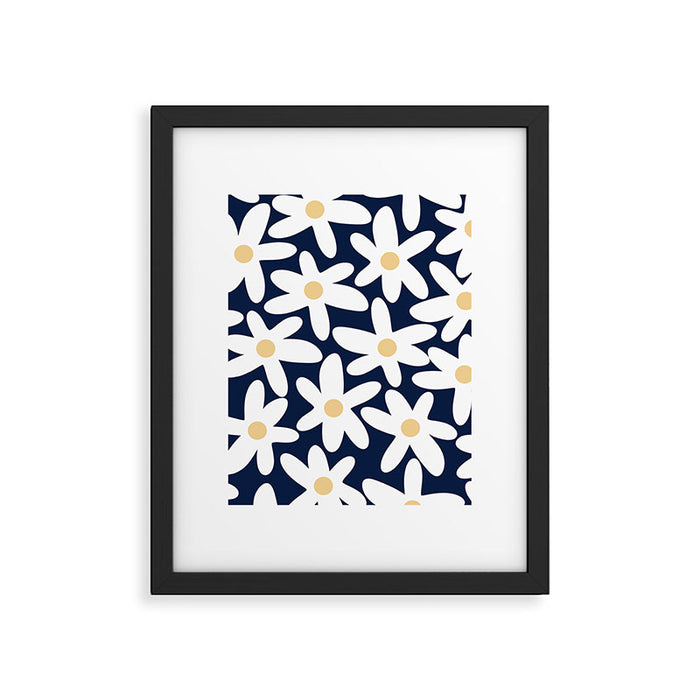 Daisy Time Floral Pattern Navy Blue White Yellow-Beige  Framed Art Print Gallery Image 1