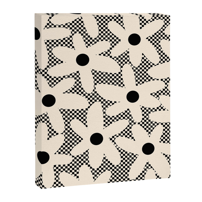 Daisy Time Retro Floral Checks and Dots Pattern in Black and Almond Cream Canvas Print Gallery Image 1