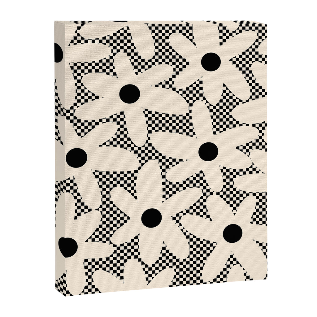 Daisy Time Retro Floral Checks and Dots Pattern in Black and Almond Cream Canvas Print Gallery Image 8