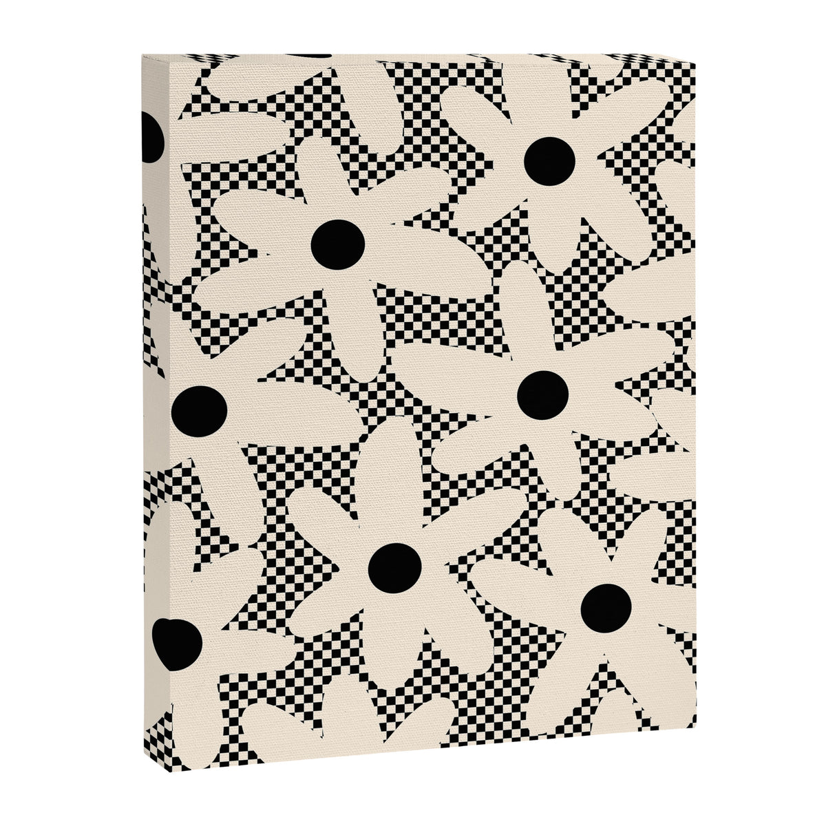 Daisy Time Retro Floral Checks and Dots Pattern in Black and Almond Cream Canvas Print Gallery Image 8