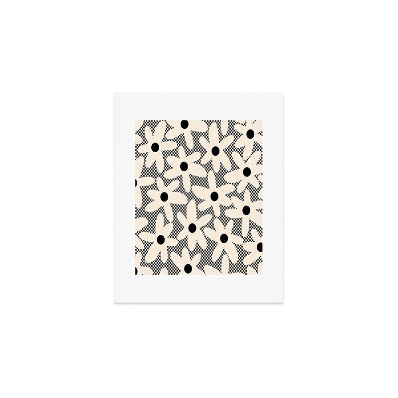Daisy Time Retro Floral Checks and Dots Pattern in Black and Almond Cream Art Print Gallery Image 1