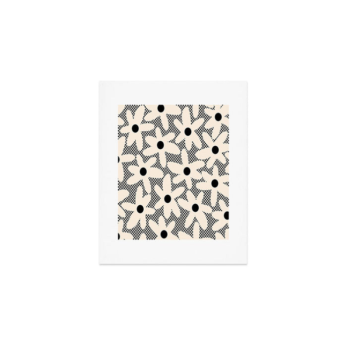 Daisy Time Retro Floral Checks and Dots Pattern in Black and Almond Cream Art Print Gallery Image 1