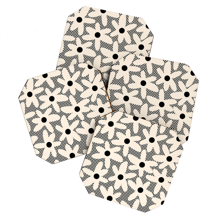 Daisy Time Retro Floral Checks and Dots Pattern in Black and Almond Cream Coaster Gallery Image 1