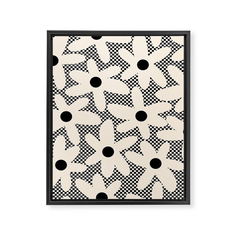 Daisy Time Retro Floral Checks and Dots Pattern in Black and Almond Cream Framed Canvas Print Gallery Image 8